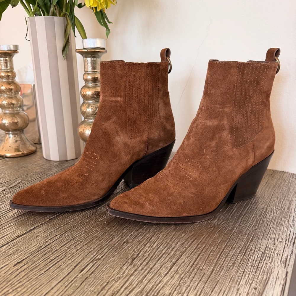 PAIGE Brown Suede Pointed Toe Western Ankle Boots - Picture 2 of 6